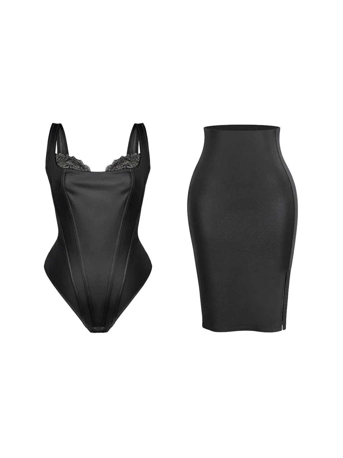 Shapewear Sculpting Faux Leather Lace Bodysuit Skirt Set