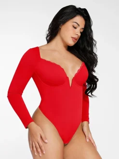 Shapewear Sculpting Lace Trim Bodysuit Midi Wrap Skirt Set