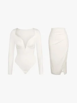 Shapewear Sculpting Lace Trim Bodysuit Midi Wrap Skirt Set