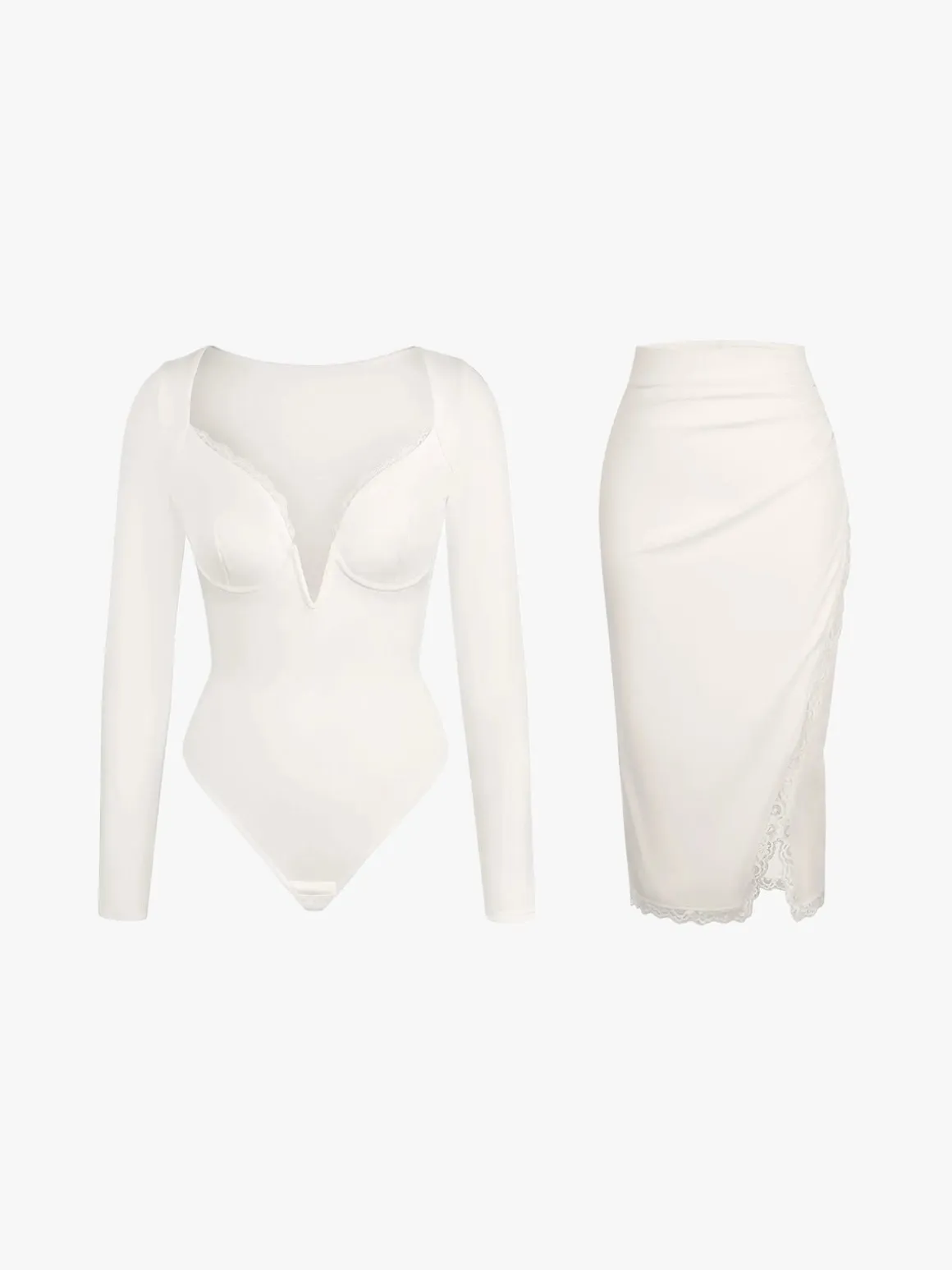 Shapewear Sculpting Lace Trim Bodysuit Midi Wrap Skirt Set