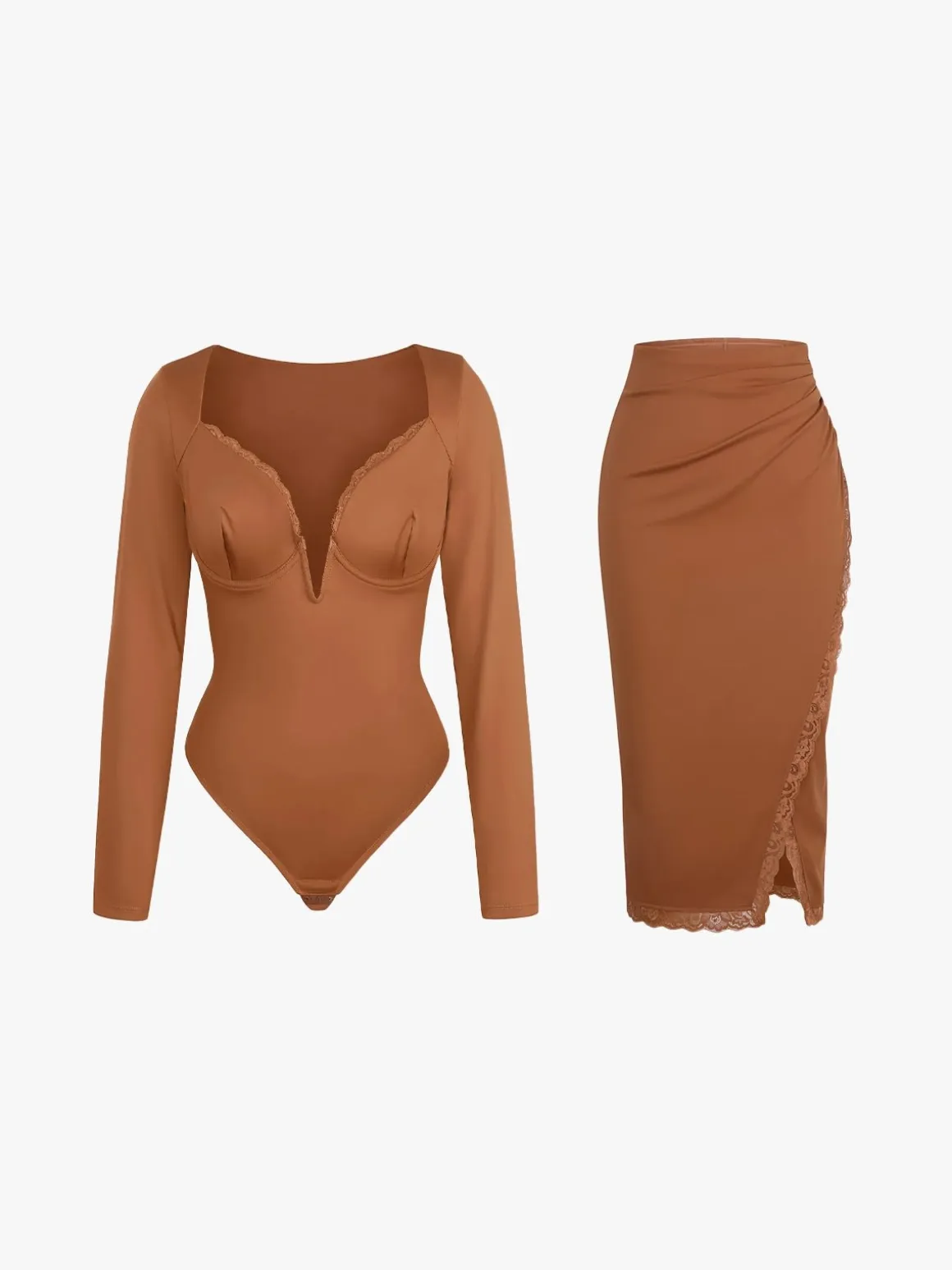 Shapewear Sculpting Lace Trim Bodysuit Midi Wrap Skirt Set