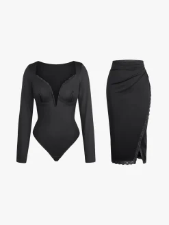 Shapewear Sculpting Lace Trim Bodysuit Midi Wrap Skirt Set