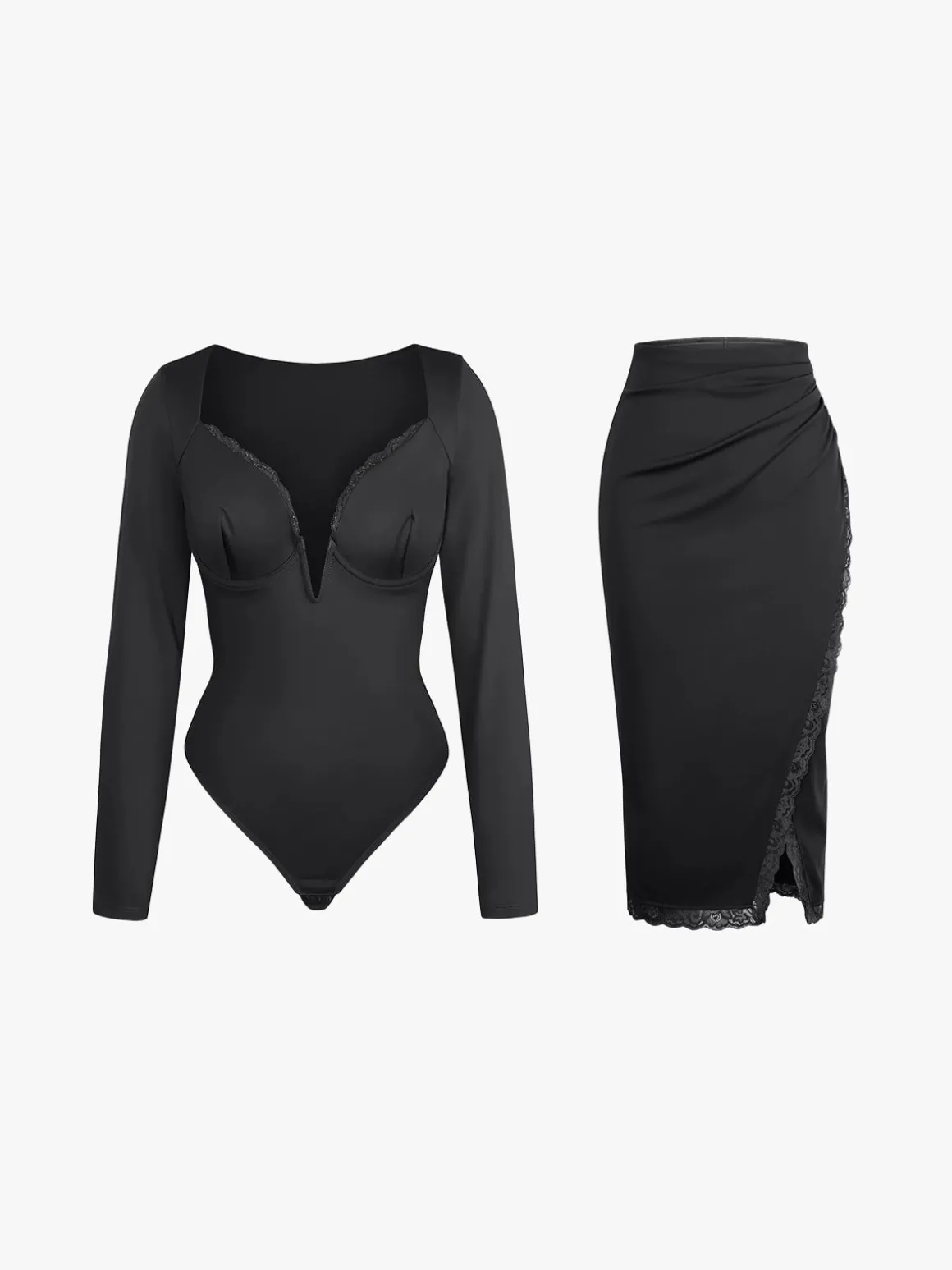 Shapewear Sculpting Lace Trim Bodysuit Midi Wrap Skirt Set