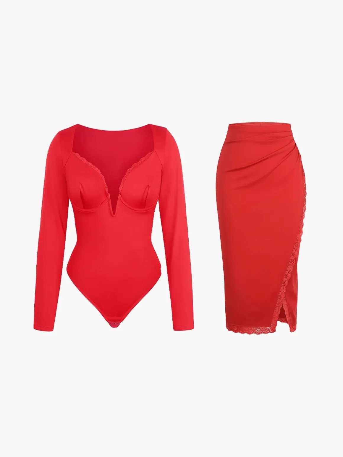 Shapewear Sculpting Lace Trim Bodysuit Midi Wrap Skirt Set