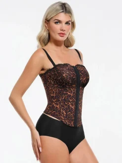 Shapewear Sculpting Leopard Mesh Detachable Strap Corset Top