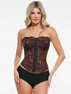 Shapewear Sculpting Leopard Mesh Detachable Strap Corset Top