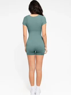 Shapewear Seamless Rib Square Neck Cap Sleeve Romper