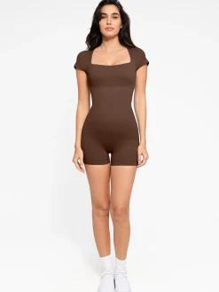 Shapewear Seamless Rib Square Neck Cap Sleeve Romper