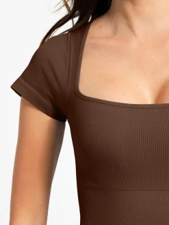 Shapewear Seamless Rib Square Neck Cap Sleeve Romper