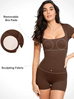Shapewear Seamless Rib Square Neck Cap Sleeve Romper