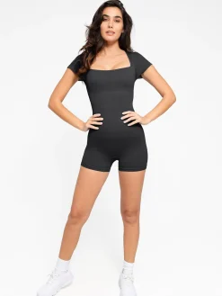Shapewear Seamless Rib Square Neck Cap Sleeve Romper