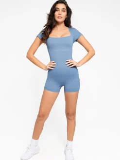Shapewear Seamless Rib Square Neck Cap Sleeve Romper