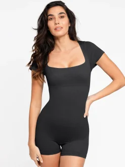 Shapewear Seamless Rib Square Neck Cap Sleeve Romper