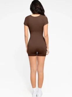 Shapewear Seamless Rib Square Neck Cap Sleeve Romper