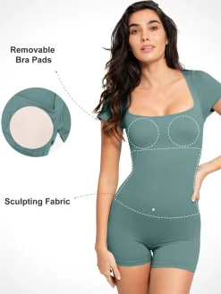 Shapewear Seamless Rib Square Neck Cap Sleeve Romper