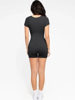 Shapewear Seamless Rib Square Neck Cap Sleeve Romper