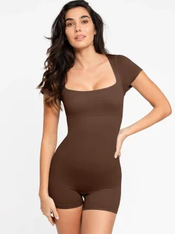 Shapewear Seamless Rib Square Neck Cap Sleeve Romper