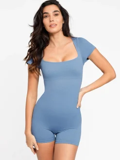 Shapewear Seamless Rib Square Neck Cap Sleeve Romper