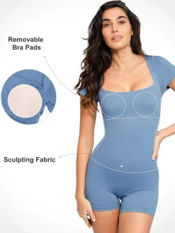 Shapewear Seamless Rib Square Neck Cap Sleeve Romper