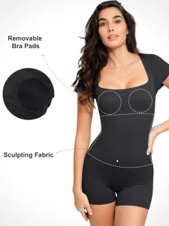 Shapewear Seamless Rib Square Neck Cap Sleeve Romper