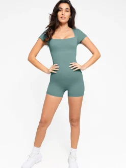 Shapewear Seamless Rib Square Neck Cap Sleeve Romper