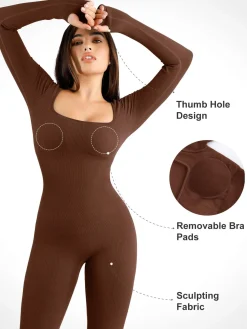 Shapewear Seamless Thumb Hole Long Sleeve Jumpsuit