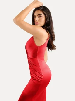 Shapewear Shine Deep V-Neck Bias Twist Hourglass Maxi Dress