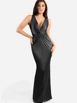Shapewear Shine Deep V-Neck Bias Twist Hourglass Maxi Dress