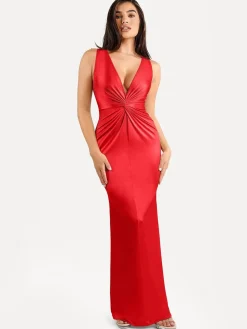 Shapewear Shine Deep V-Neck Bias Twist Hourglass Maxi Dress