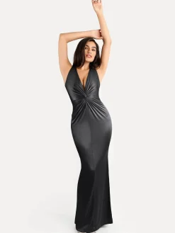 Shapewear Shine Deep V-Neck Bias Twist Hourglass Maxi Dress
