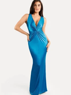Shapewear Shine Deep V-Neck Bias Twist Hourglass Maxi Dress