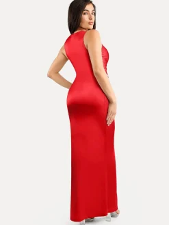 Shapewear Shine Deep V-Neck Bias Twist Hourglass Maxi Dress