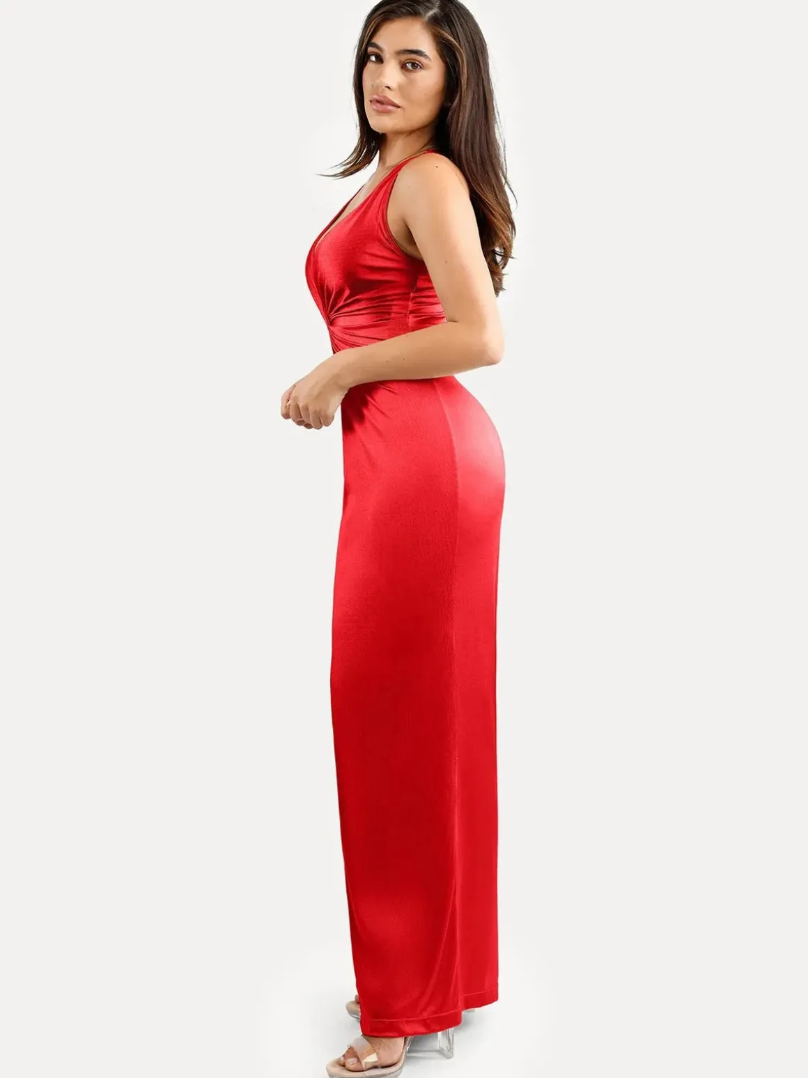 Shapewear Shine Deep V-Neck Bias Twist Hourglass Maxi Dress