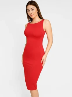 Shapewear Sleeveless Boatneck Sculpting Midi Work Dress