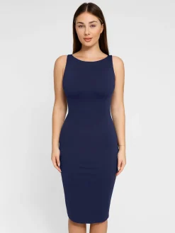 Shapewear Sleeveless Boatneck Sculpting Midi Work Dress