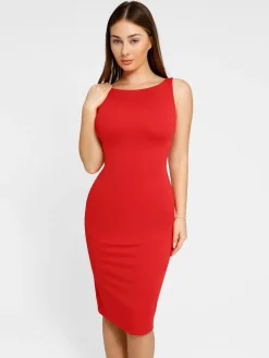 Shapewear Sleeveless Boatneck Sculpting Midi Work Dress