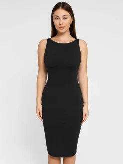 Shapewear Sleeveless Boatneck Sculpting Midi Work Dress