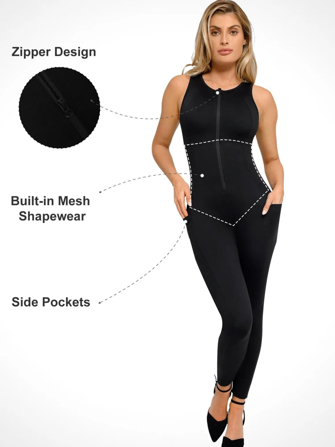 Shapewear Sleeveless Body-Sculpting Zip Front Jumpsuit