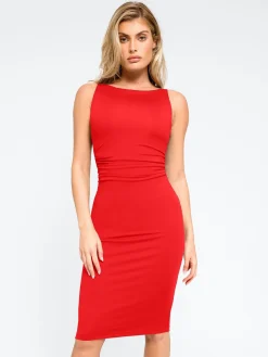 Shapewear Sleeveless Ruched Tummy Control Midi Work Dress