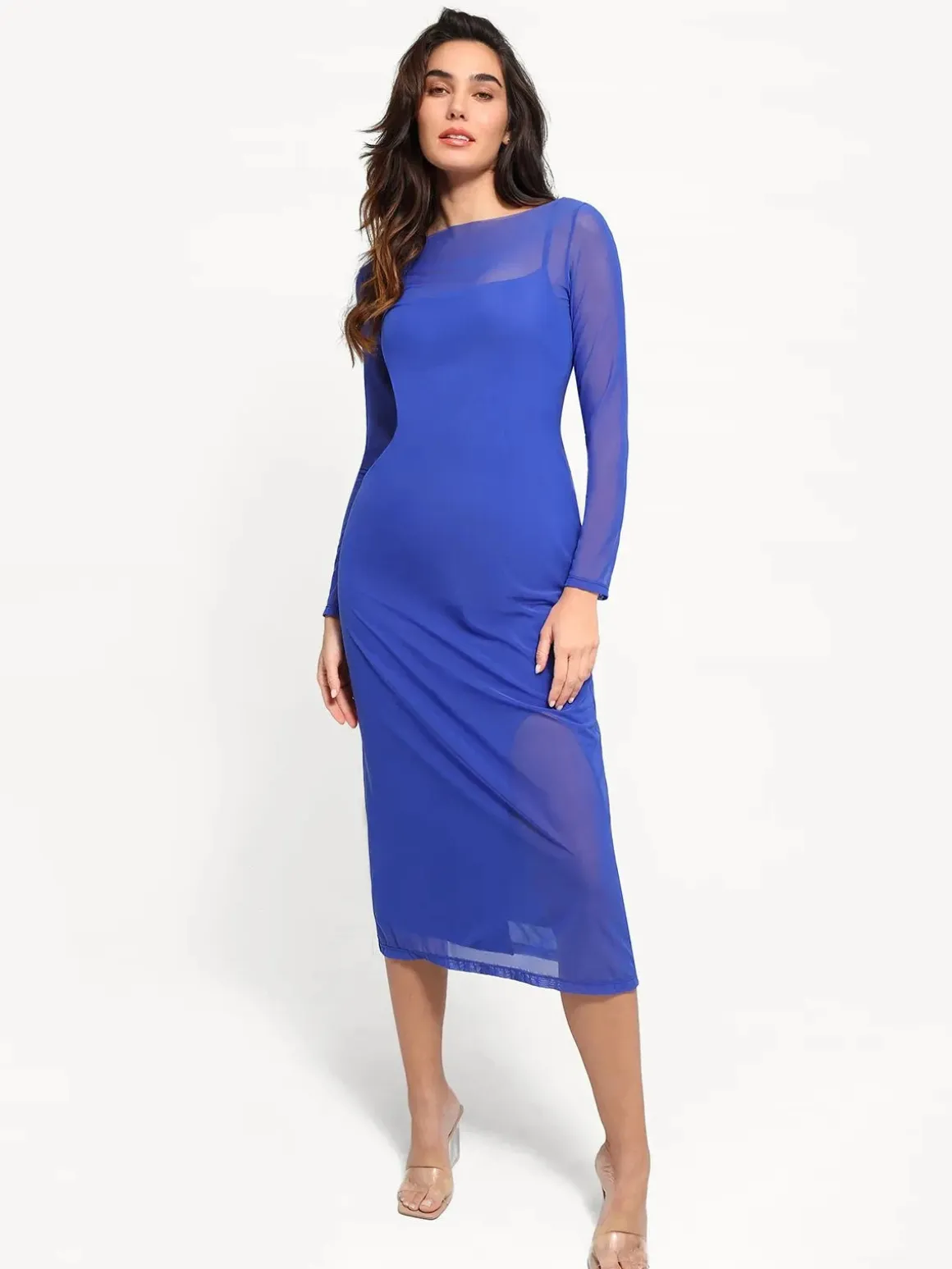 Shapewear Slimming Midi Dress and Sheer Mesh Overlay Set