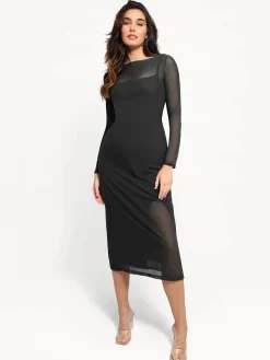 Shapewear Slimming Midi Dress and Sheer Mesh Overlay Set