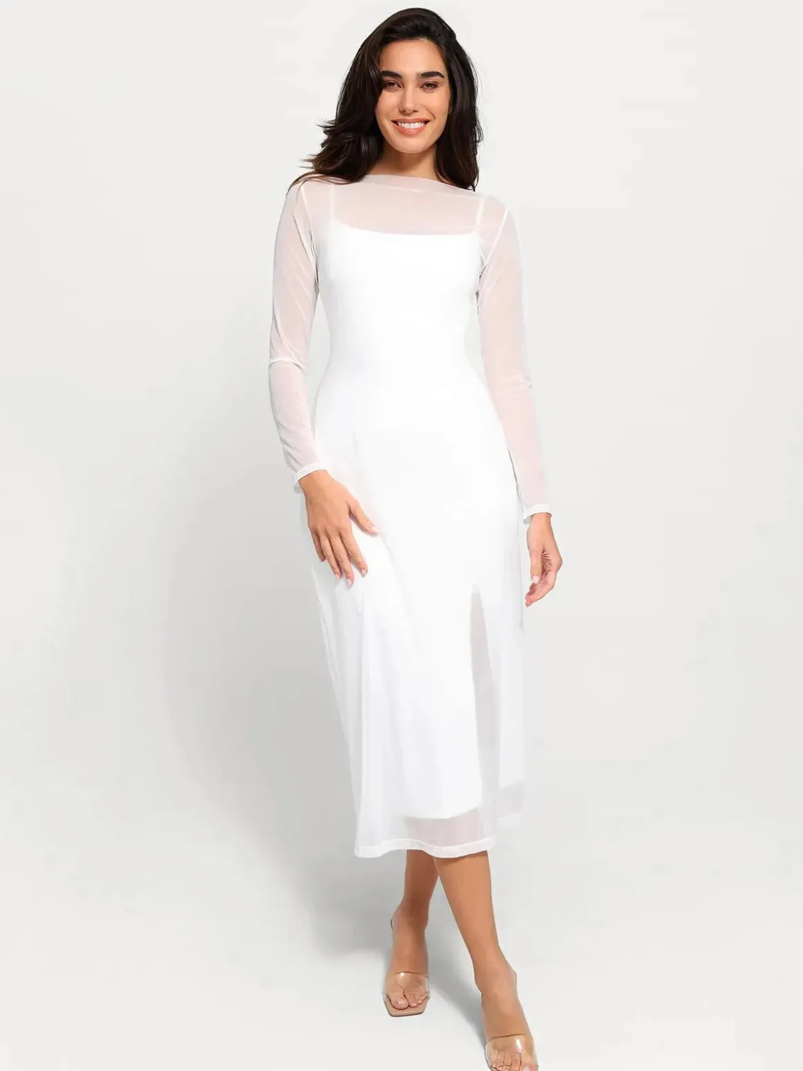 Shapewear Slimming Midi Dress and Sheer Mesh Overlay Set