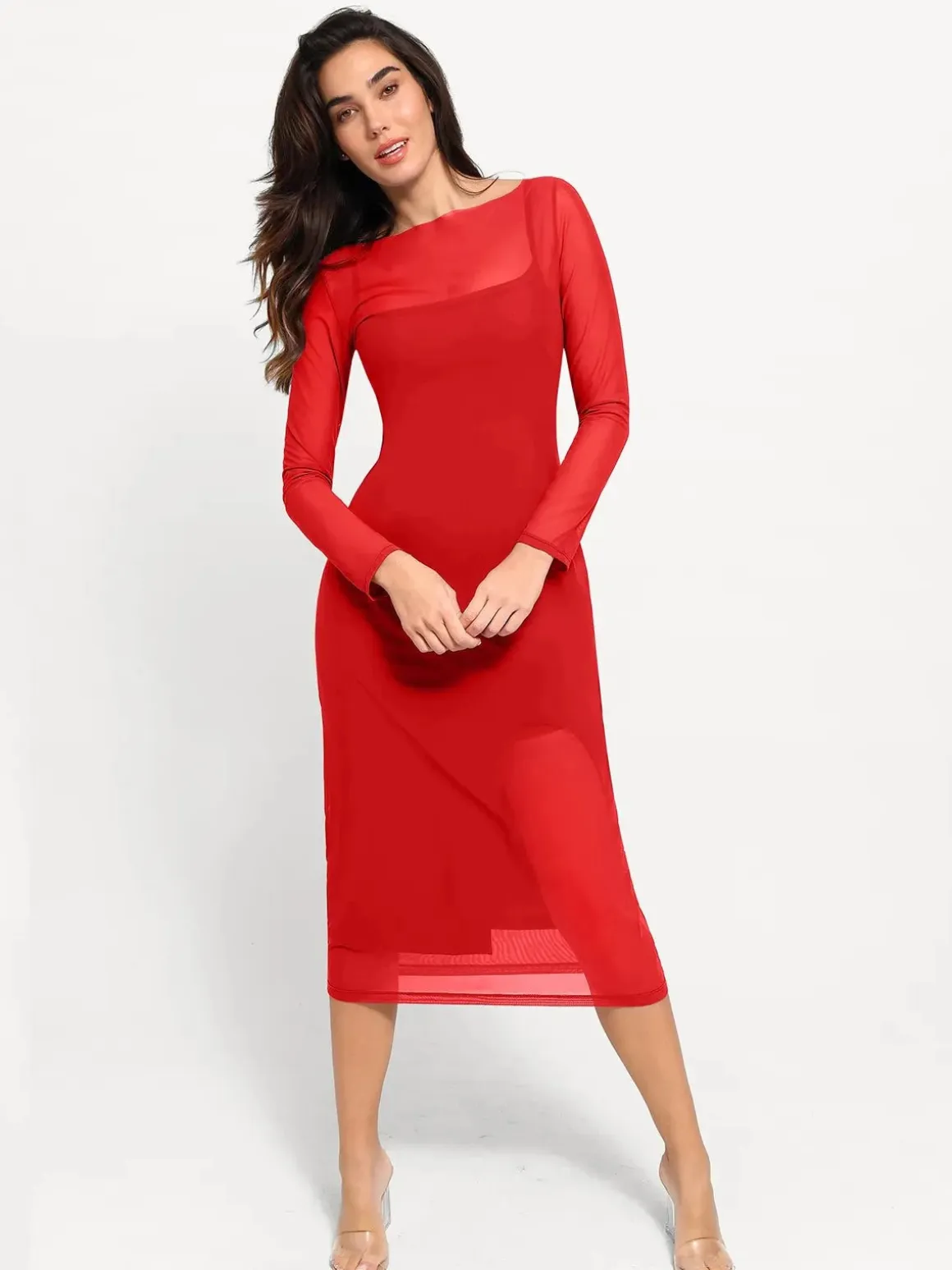 Shapewear Slimming Midi Dress and Sheer Mesh Overlay Set