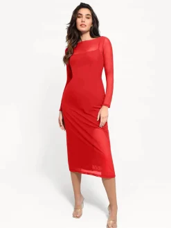Shapewear Slimming Midi Dress and Sheer Mesh Overlay Set