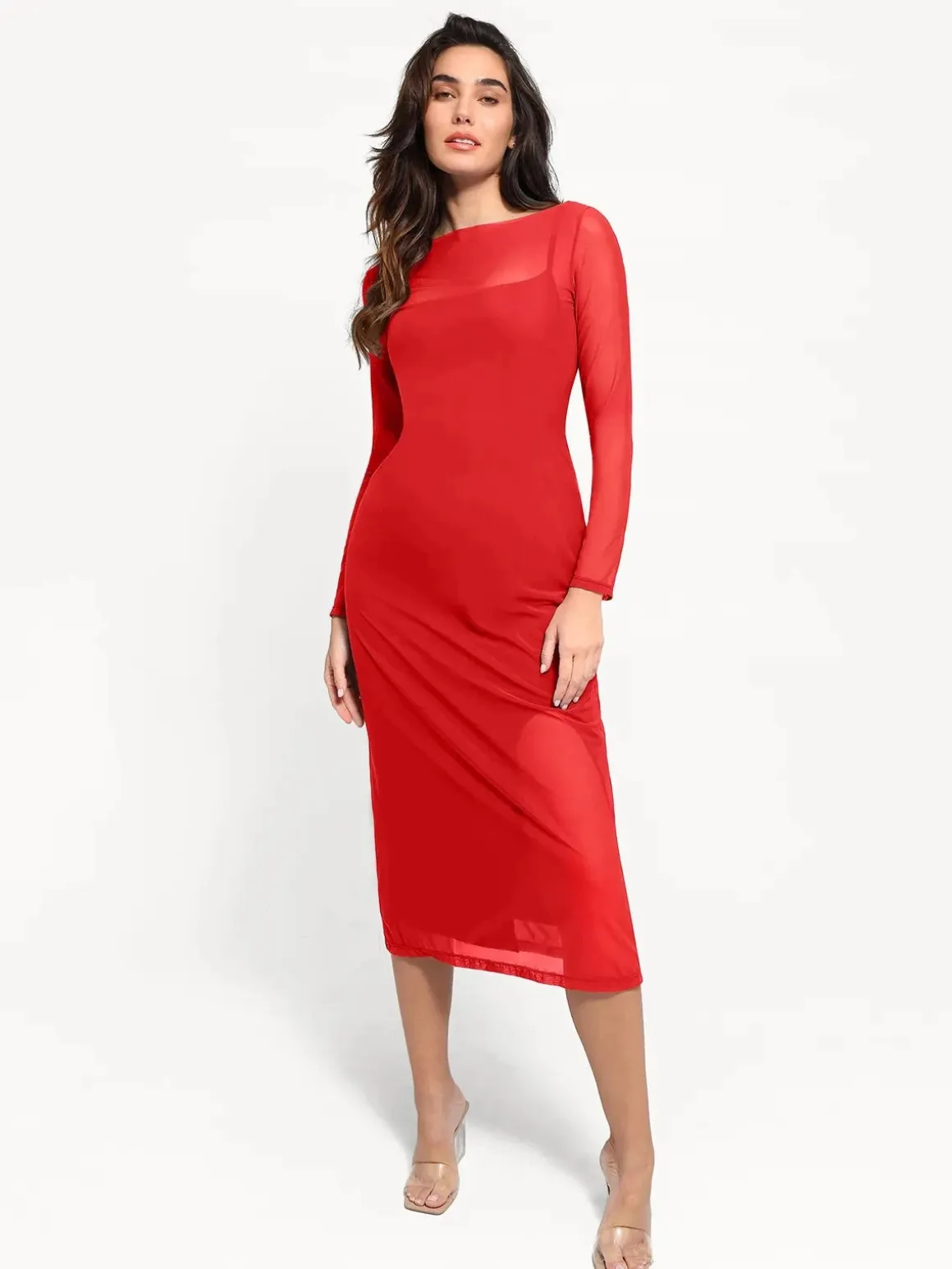 Shapewear Slimming Midi Dress and Sheer Mesh Overlay Set