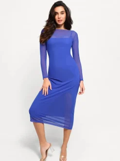 Shapewear Slimming Midi Dress and Sheer Mesh Overlay Set