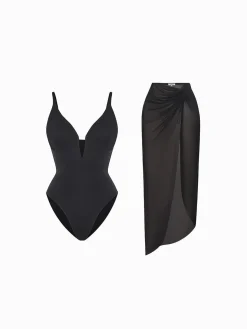 Shapewear Slimming One-Piece Swimsuit Mesh Coverup Set