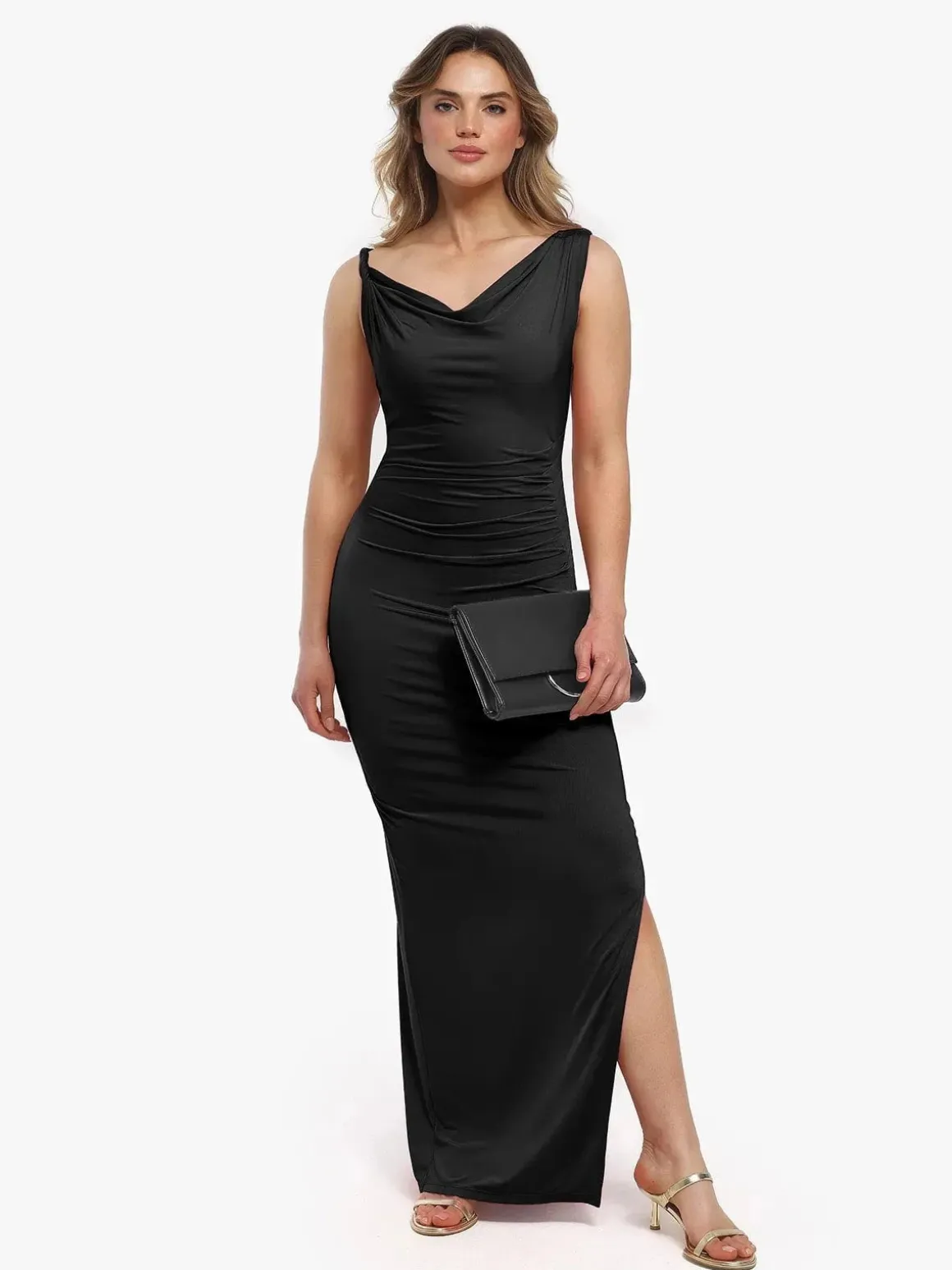 Shapewear Solid Cowl Neck Ruched Sculpting Maxi Dress