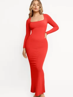 Shapewear Square Neck Long Sleeve Slimming Modal Maxi Dress