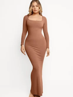 Shapewear Square Neck Long Sleeve Slimming Modal Maxi Dress